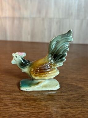 Ceramic Vintage Mini Rooster Figurine Japan Green, Brown, Cream